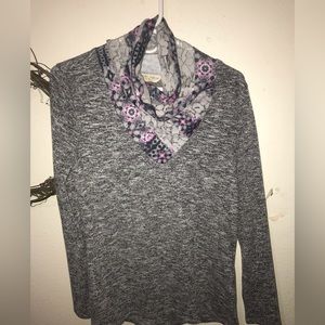 Gray sweater with cowl neck.